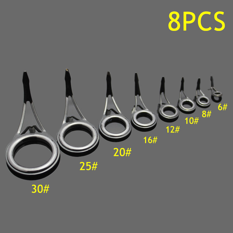 Fishing Rod Guide Replacement - 8個入り釣り竿ガイドリング、耐摩擦セラミック製釣り竿先端リングキット、海水・淡水釣り人向け耐久性のある釣り具
